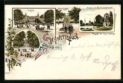 Lithographie Schwetzingen, Apollo Tempel, Moschee und die Ruine des Merkurtempels, Schloss