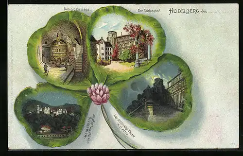 Passepartout-Lithographie Heidelberg, Das grosse Fass, Schlosshof, Achteckiger Thurm und Ortsansicht von der Hirschgasse