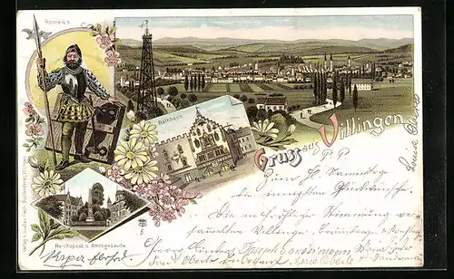 Lithographie Villingen, Ritter Romeius, Rathhaus, Ortsansicht