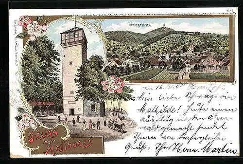 Lithographie Zwingenberg, Melibocus, Ortsansicht, Turm