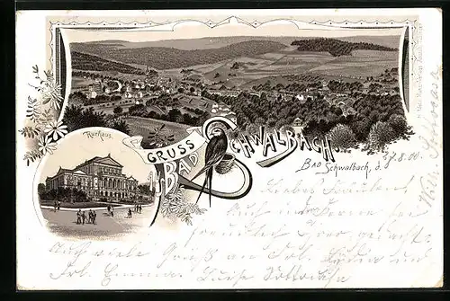 Lithographie Bad Schwalbach, Ortsansicht aus der Vogelschau und Kurhaus