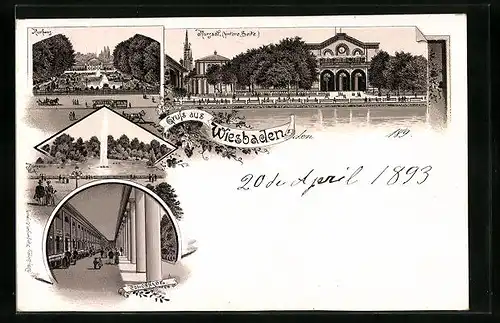 Lithographie Wiesbaden, Kursaal (hintere Seite), Collonade, Kurhaus