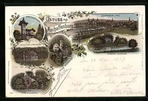 Lithographie Aschaffenburg, Totalansicht, Schönbusch-Schlösschen, Ruine im Schönthal