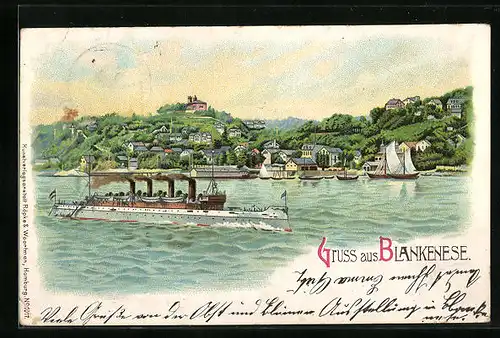 Lithographie Blankenese, Ortsansicht hinter Wasser, mit Dampfer und Segelbooten