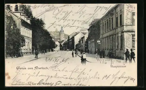 AK Durlach, Blick in die Hauptstrasse mit Passanten