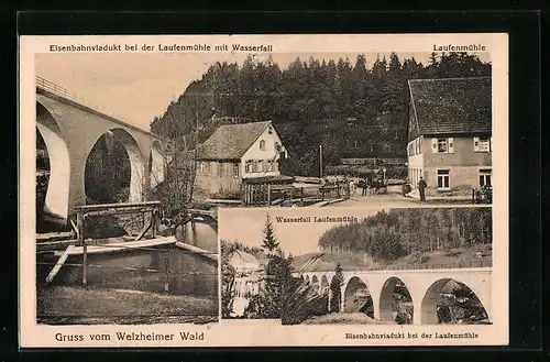 AK Welzheim, Eisenbahnviadukt bei der Laufmühle mit Wasserfall