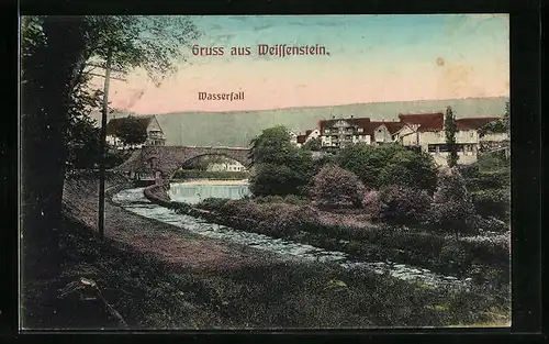AK Weissenstein, Ortsansicht mit Fluss an steinerner Brücke
