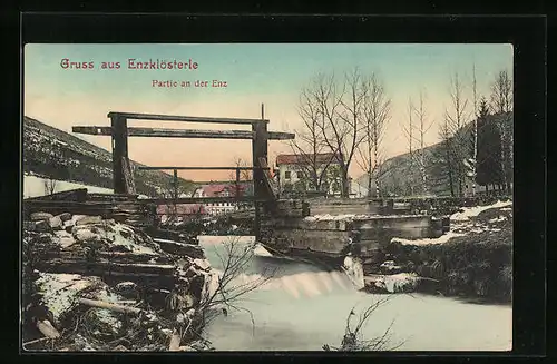 AK Enzklösterle, Hölzerne Brücke in Winterlandschaft