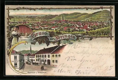 Lithographie Ihringen, Gasthof zum Hirschen, Strassenpartie, Ortsansicht