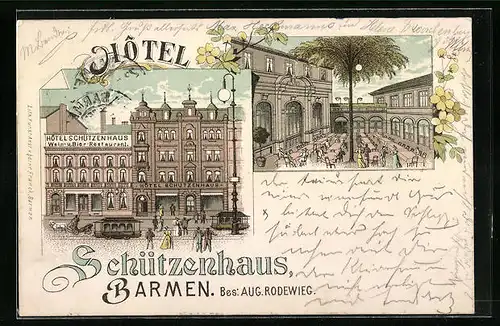 Lithographie Barmen, Hotel Schützenhaus von der Strasse gesehen