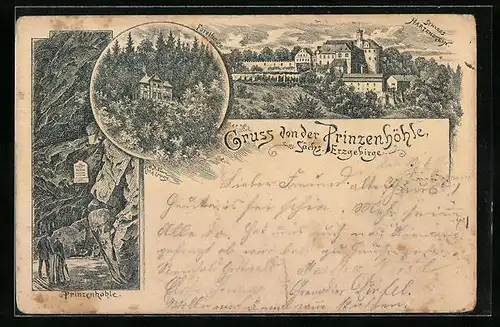 Vorläufer-Lithographie Prinzenhöhle /Sächs. Erzgeb., 1892, Schloss Hartenstein, Forsthaus