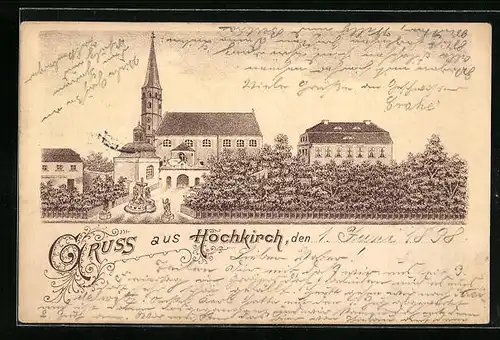 Lithographie Hochkirch, Ortspartie mit Denkmal und Kirche