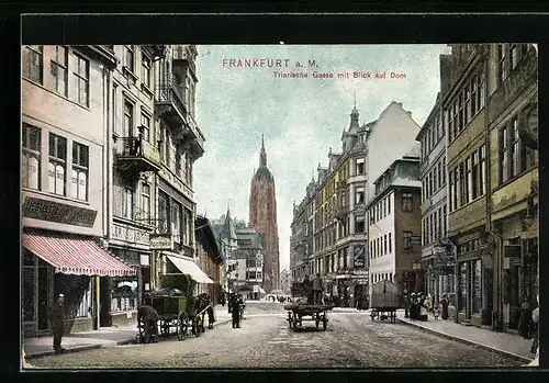 AK Alt-Frankfurt, Strassenpartie der Trierischen Gasse mit Blick zum Dom