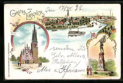 Lithographie Erkner, Kirche, Kriegerdenkmal, Panorama mit Dampfer