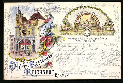 Lithographie Barmen, Hotel-Restaurant Reichshof mit Kundschaft