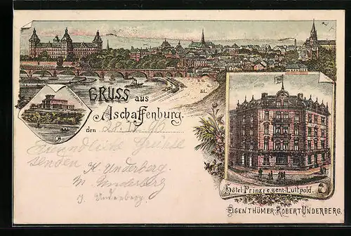 Lithographie Aschaffenburg, Pompejanum, Hotel Prinzregent Luitpold, Totalansicht