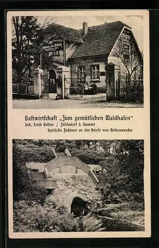 AK Zühlsdorf b. Summt, Gasthaus zum gemütlichen Waldhafen, Treppen von der Strasse ins Briesetal