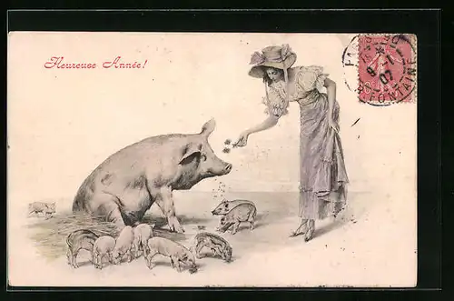 Künstler-AK Dame füttert Muttersau mit Glücksklee - Neujahrsgruss