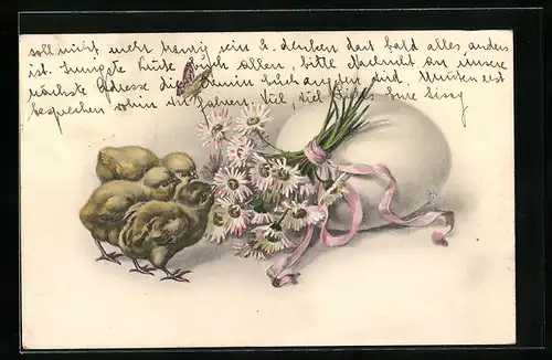 AK Osterküken neben grossem Ei und Blumen