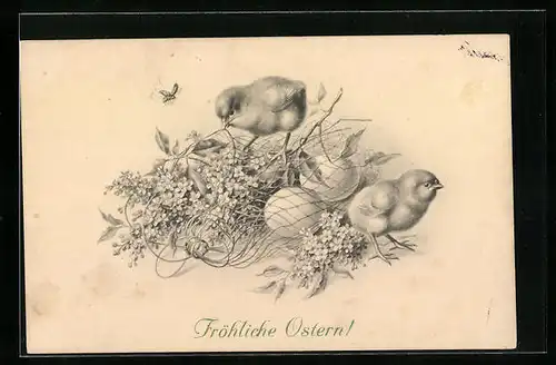 AK Osterküken und Marienkäfer mit Blumen