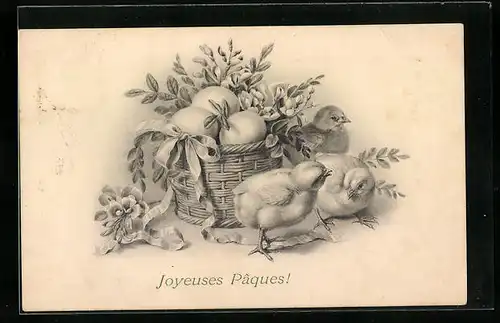 AK Osterküken neben Eierkorb