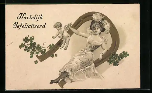 Präge-AK Dame und Engel auf Hufeisen