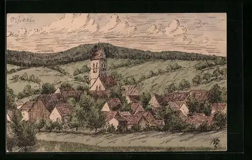 Künstler-AK Ostrach / Hohenzollern, Panorama mit Kirche