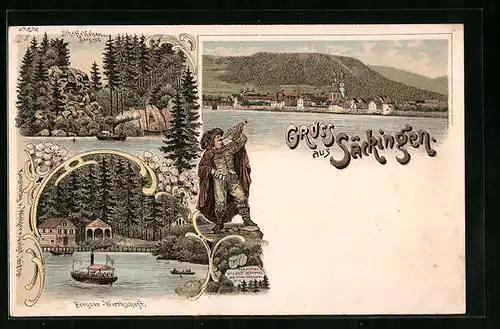 Lithographie Säckingen, Gasthaus am Bergsee, Panorama, Scheffelfelsen