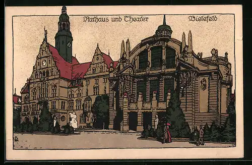 Steindruck-AK Bielefeld, Rathaus und Theater