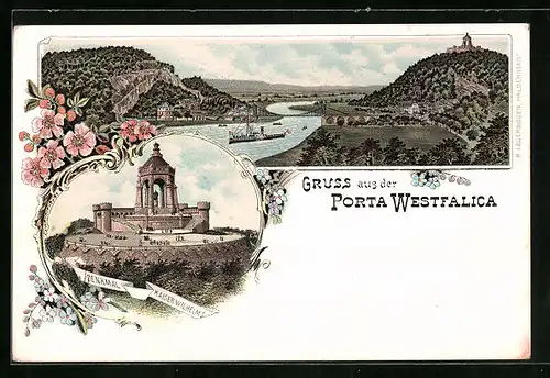 Lithographie Porta Westfalica, Panorama und Denkmal Kaiser Wilhelm I