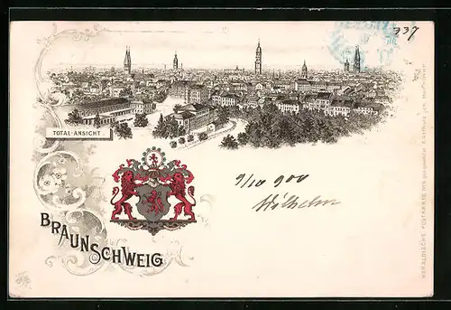 Passepartout-Lithographie Braunschweig, Panoramaansicht mit Wappen