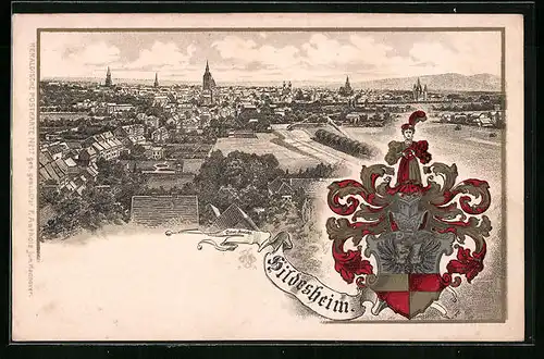 Passepartout-Lithographie Hildesheim, Panoramaansicht und Wappen