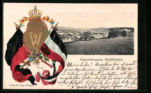 Passepartout-Lithographie Münsingen, Blick auf den Truppenübungsplatz und Wappen