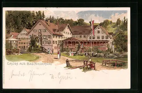 Lithographie Bad Niedernau, Ansicht der Ortschaft
