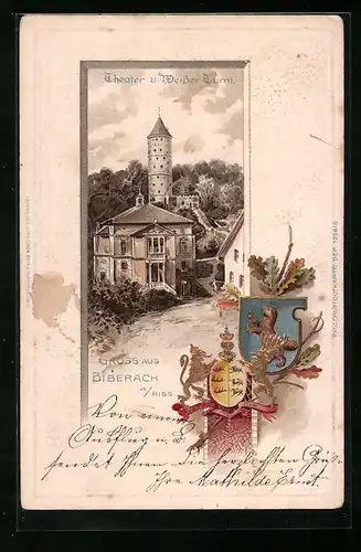 Passepartout-Lithographie Biberach a. Riss, Theater und Weisser Turm