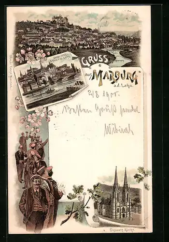 Lithographie Marburg /Lahn, Universität und Schloss, Studenten