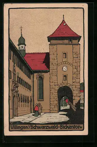 Steindruck-AK Villingen /Schwarzwald, Strassenpartie am Bickentor