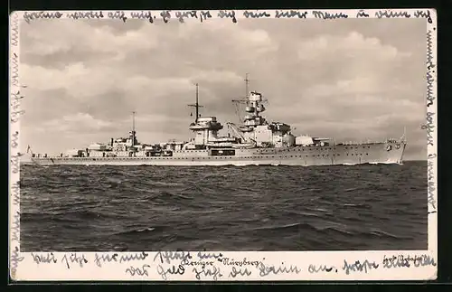 AK Kreuzer Nürnberg der Kriegsmarine auf hoher See