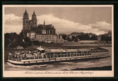 AK Salondampfer Baldur auf der Elbe mit Panorama von Magdeburg