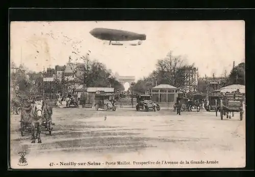 AK Neuilly-sur-Seine, Strassenverkehr mit Zeppelin am Horizont