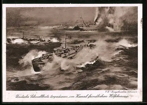 Künstler-AK Deutsche Hilfskreuzer torpedieren im Kanal feindliche Kriegsschiffe