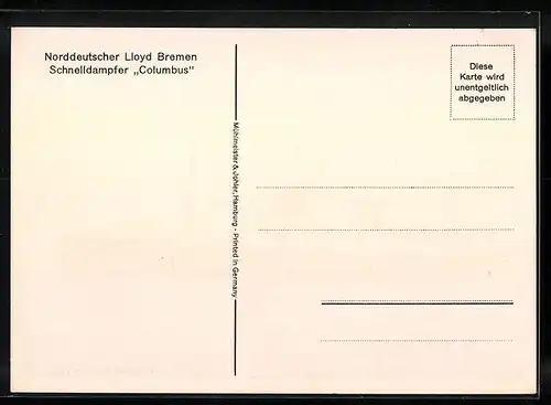 Künstler-AK Schnelldampfer Columbus des Nordd. Lloyds Bremen