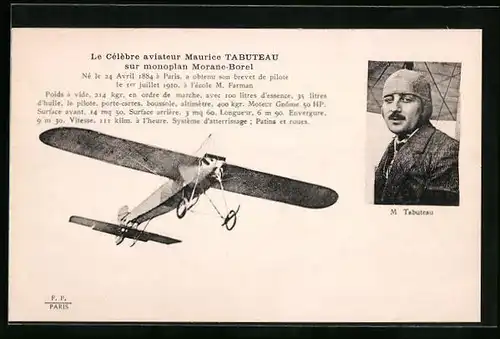 AK Le Célèbre aviateur Maurice Tabuteau sur Monoplan Morane-Borel