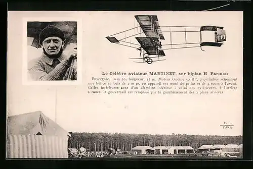 AK Le Célèbre aviateur Martinet, sur biplan H Farman