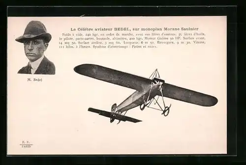 AK Le Célèbre aviateur M. Bedel, sur monoplan Morane Saulnier