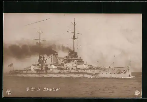 AK Kriegsschiff SMS Rheinland Volldampf gebend