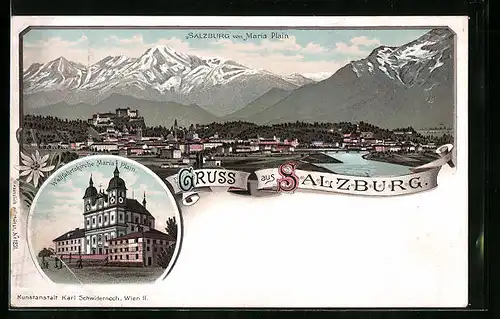 Lithographie Salzburg, Blick von der Wallfahrtskirche Maria Plain