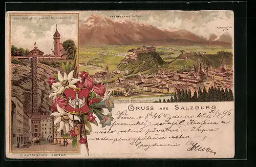 Lithographie Salzburg, Elektrischer Aufzug zur Restauration auf dem Mönchsberg, Edelweiss