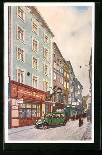 Künstler-AK Salzburg, Gasthof Schwechater Bierstübl in der Linzergasse 34