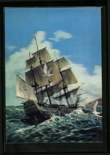 3D-AK Segelschiff bei starkem Meeresgang und Möwen